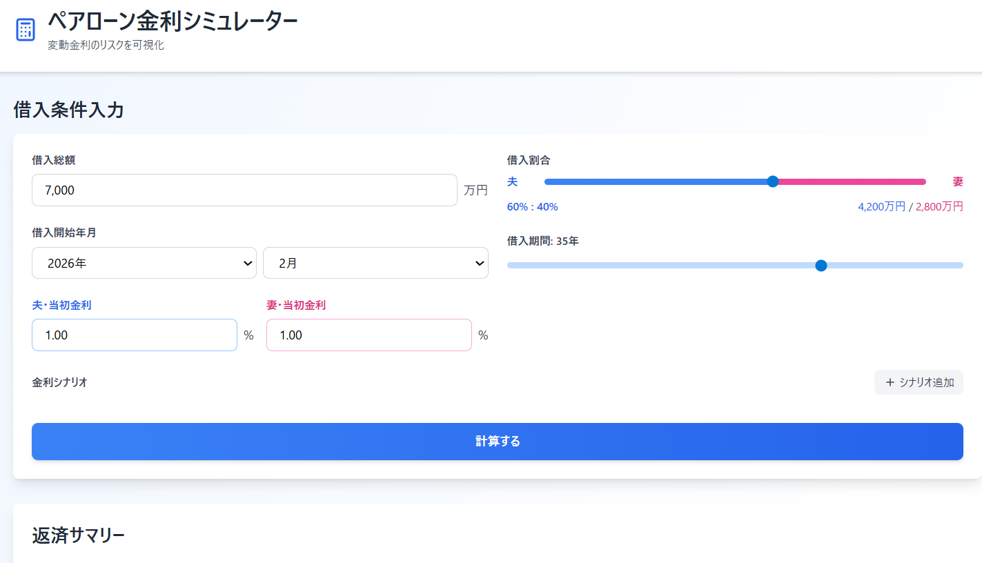 ペアローン金利シミュレーターの画面